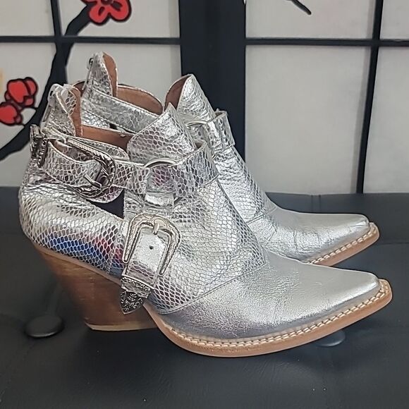 Free People x Jeffery Campbell Silver Icon Western Cut Out Ankle Boots - Picture 1 of 8
